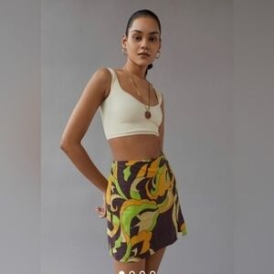 New Urban Outfitters Green Retro Phychedelic Linen Blend Mini Skirt Large 70s